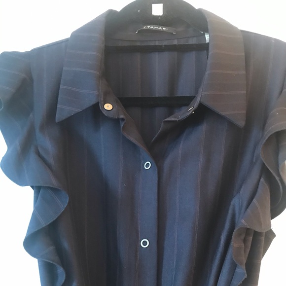 New T Tahari Dress Ruffles Navy Pinstripe Size 10 Short Navy Office Casual Tie - Picture 8 of 16